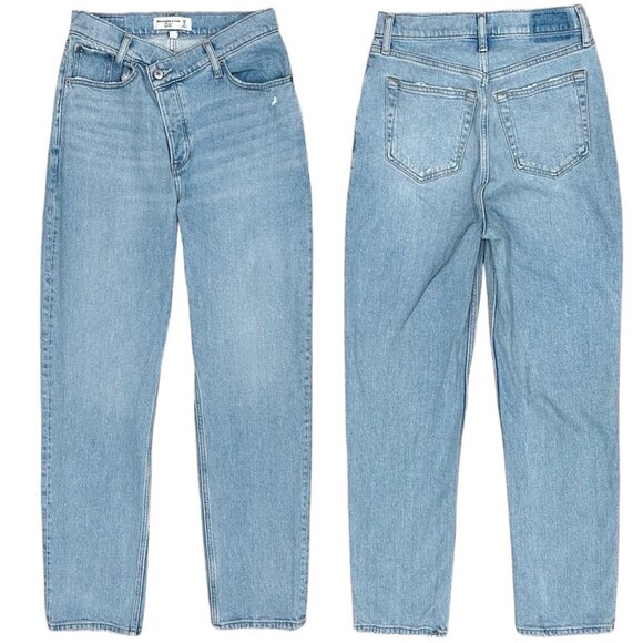 Abercrombie & Fitch The Dad High Rise Criss-Cross Waistband Jeans in Light Wash - Picture 2 of 15